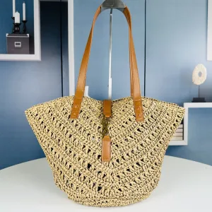 Saint Laurent Raffia Basket Tote Bag Large Beige Gold Hardware Exact Size Unknown 005