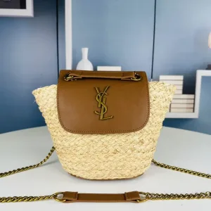 Saint Laurent Raffia Basket Tote Bag Large Brown Gold Hardware Exact Size Unknown 006