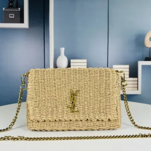 Saint Laurent Raffia Chain Shoulder Bag Medium Beige Gold Hardware Exact Size Unknown 001