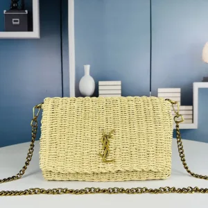 Saint Laurent Raffia Chain Shoulder Bag Medium Beige Gold Hardware Exact Size Unknown 002