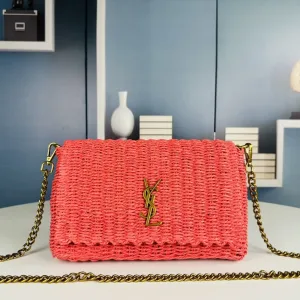 Saint Laurent Raffia Chain Shoulder Bag Medium Red Gold Hardware Exact Size Unknown 003