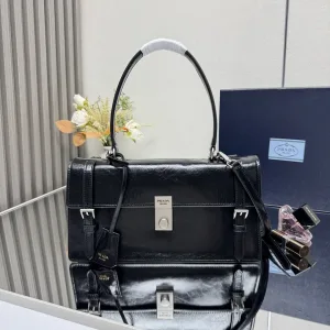 Prada Buckle Briefcase Medium Black Silver Hardware