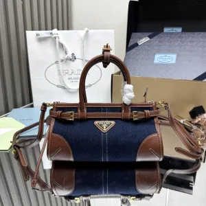 Prada Buckle Crossbody Medium Navy Brown Silver Hardware