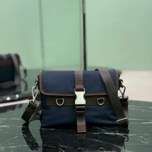 Prada Buckle Crossbody Small Navy Brown Silver Hardware