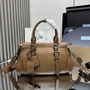 Prada Buckle Satchel Medium Caramel Silver Hardware