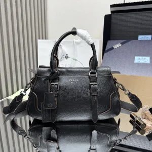 Prada Buckle Shoulder Bag Medium Black Silver Hardware