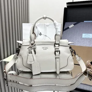 Prada Buckle Top Handle Medium White Silver Hardware