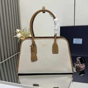 Prada Canvas Top Handle Medium White Brown Gold Hardware