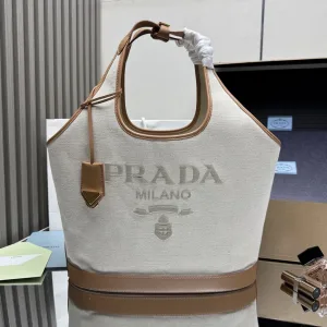 Prada Canvas Tote Medium White Brown Gold Hardware