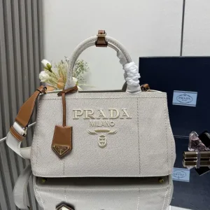 Prada Canvas Tote Medium White Brown Gold Hardware Variant 2