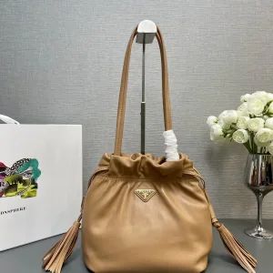 Prada Drawstring Bucket Bag Small Caramel Gold Hardware