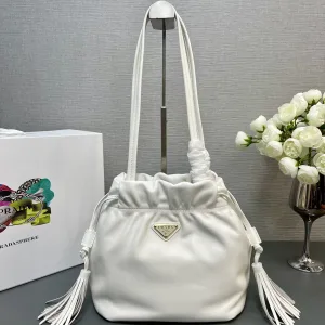 Prada Drawstring Bucket Bag Small White Gold Hardware
