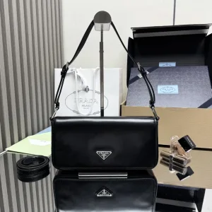 Prada Flap Shoulder Bag Small Black Silver Hardware