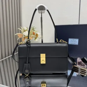 Prada Leather Briefcase Medium Black Gold Hardware