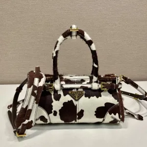 Prada Pony Hair Barrel Bag Small Brown White Gold Hardware
