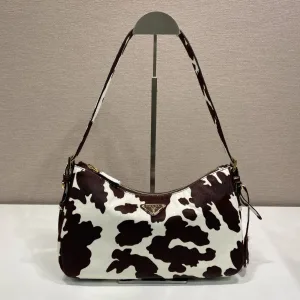 Prada Pony Hair Shoulder Bag Medium Brown White Silver Hardware