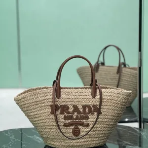 Prada Raffia Logo Tote Medium Natural Brown Gold Hardware