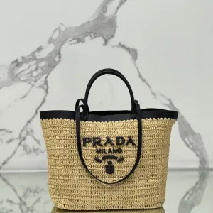 Prada Raffia Logo Tote Small Natural Black Gold Hardware