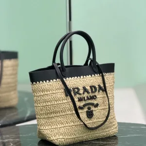 Prada Raffia Logo Tote Small Natural Black Gold Hardware Variant 2