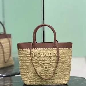 Prada Raffia Logo Tote Small Natural Brown Gold Hardware