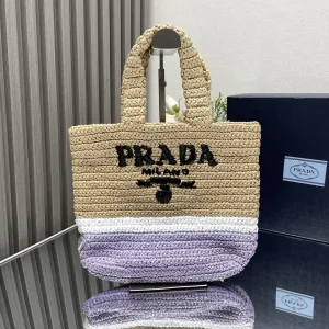 Prada Raffia Logo Tote Small Natural Purple Gold Hardware