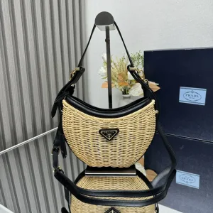 Prada Raffia Moon Bag Medium Natural Black Gold Hardware