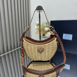 Prada Raffia Moon Bag Medium Natural Brown Gold Hardware