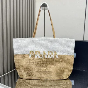 Prada Raffia Shopper Large Natural Gold Hardware