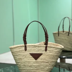 Prada Raffia Tote Medium Natural Brown Gold Hardware