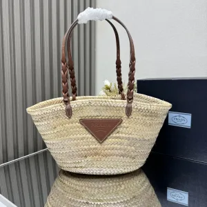 Prada Raffia Tote Medium Natural Burgundy Gold Hardware