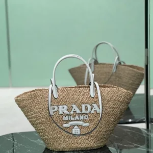 Prada Raffia Tote Medium Natural White Silver Hardware