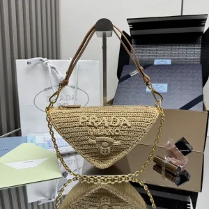 Prada Raffia Triangle Shoulder Bag Medium Natural Gold Hardware
