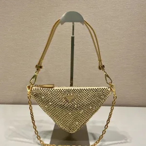 Prada Raffia Triangle Shoulder Bag Small Natural Gold Hardware