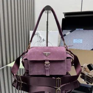Prada ReNylon Buckle Shoulder Bag Large Burgundy Silver Hardware