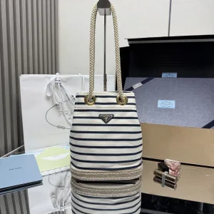 Prada Striped Bucket Bag Medium White Black Gold Hardware