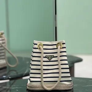 Prada Striped Bucket Bag Small White Black Gold Hardware