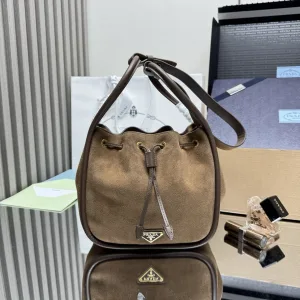 Prada Suede Bucket Bag Medium Taupe Gold Hardware