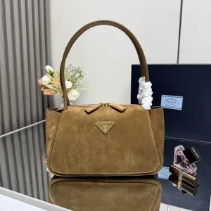 Prada Suede Shoulder Bag Medium Camel Gold Hardware