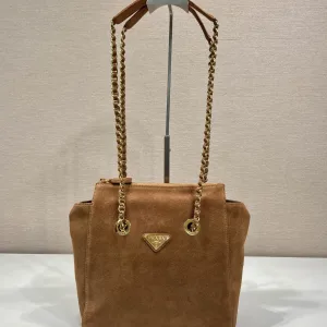 Prada Suede Tote Medium Brown Gold Hardware