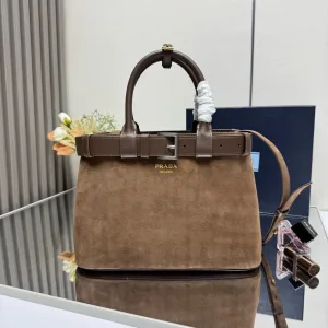 Prada Suede Tote Medium Brown Silver Hardware
