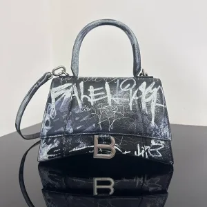 Balenciaga Hourglass Top Handle Small Black Graffiti 23cm