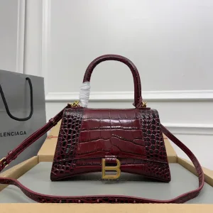 Balenciaga Hourglass Top Handle Small Burgundy Croc 23cm