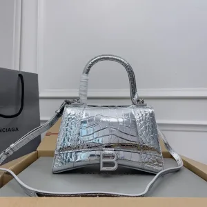 Balenciaga Hourglass Top Handle Small Silver Croc 23cm