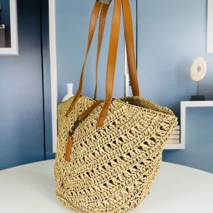 Saint Laurent Raffia Basket Tote Bag Large Beige Gold Hardware Exact Size Unknown 005