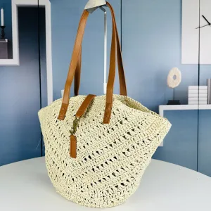 Saint Laurent Raffia Basket Tote Bag Large Blue Gold Hardware Exact Size Unknown 004