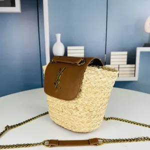 Saint Laurent Raffia Basket Tote Bag Large Brown Gold Hardware Exact Size Unknown 006
