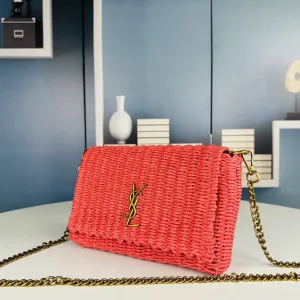 Saint Laurent Raffia Chain Shoulder Bag Medium Red Gold Hardware Exact Size Unknown 003