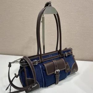 Prada Buckle Barrel Bag Medium Navy Silver Hardware