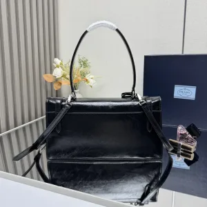 Prada Buckle Briefcase Medium Black Silver Hardware