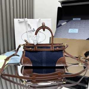 Prada Buckle Crossbody Medium Navy Brown Silver Hardware